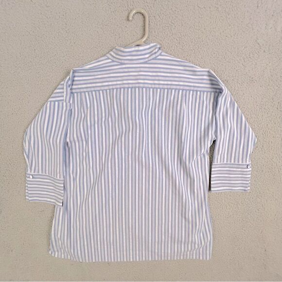 J JILL WOMENS BLOUSE BLUE STRIPED SIZE M SHORTER SLEEVES - Picture 2 of 10